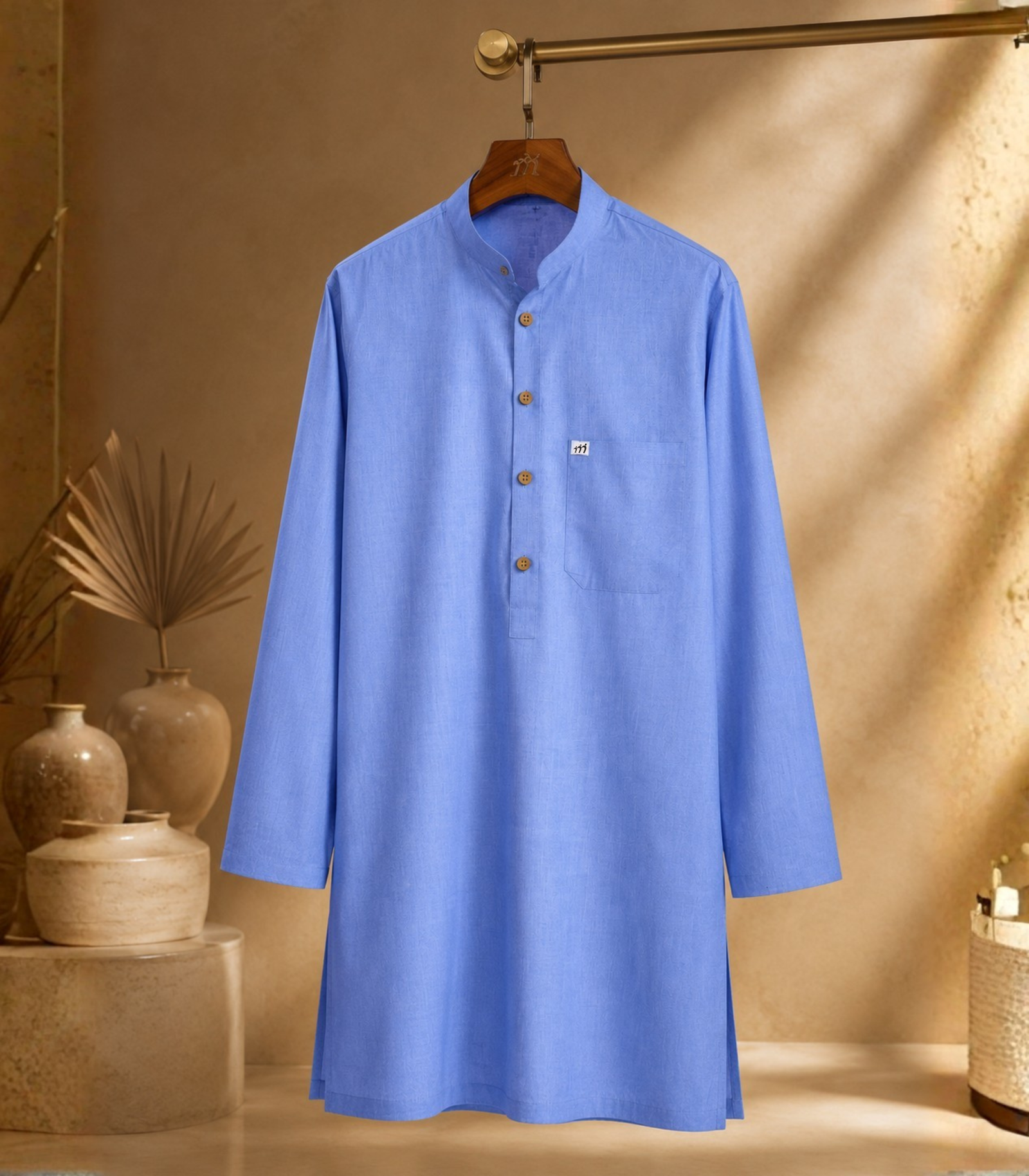 Sky Blue Cotton Kurta For Men - Image 3
