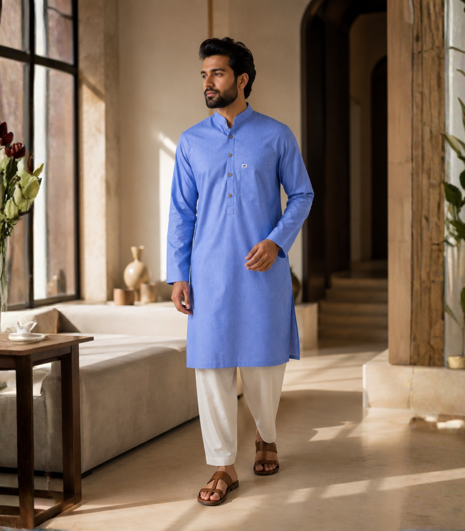 Sky Blue Cotton Kurta For Men - Image 7