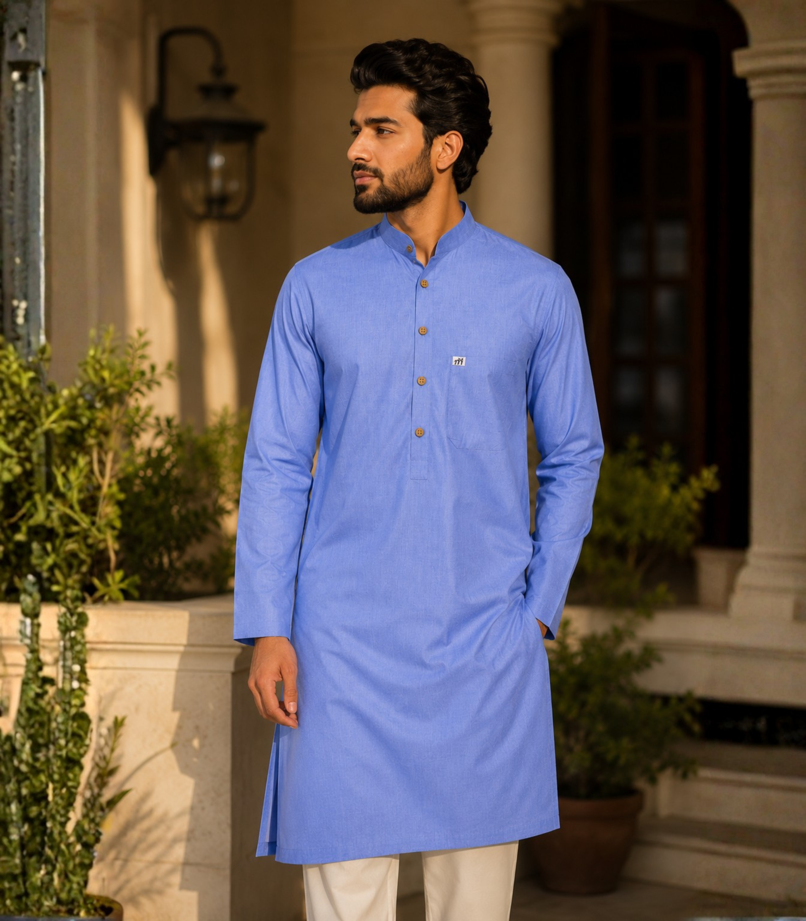 Sky Blue Cotton Kurta For Men - Image 6