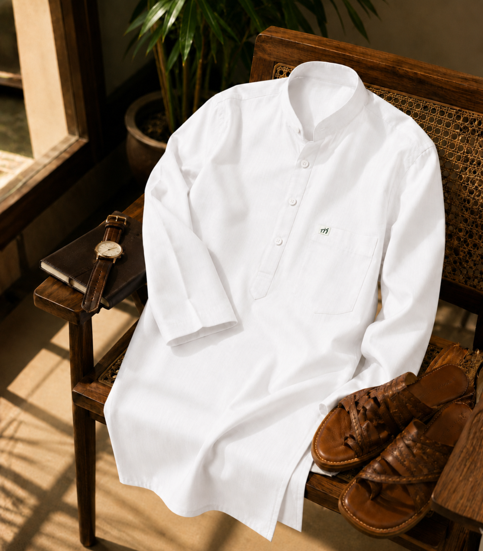 Classic White Cotton Kurta For Men - Image 3