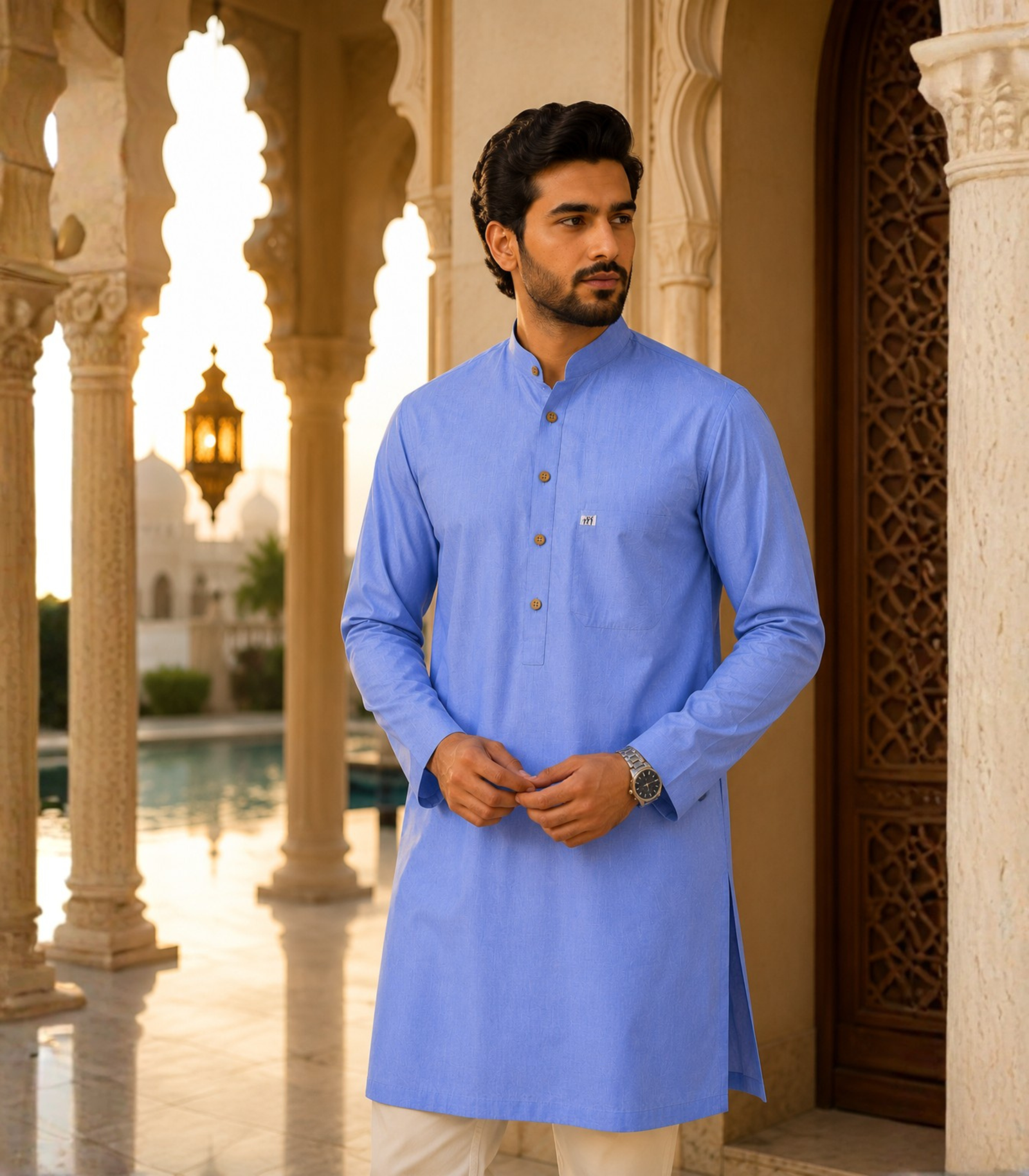 Sky Blue Cotton Kurta For Men - Image 5