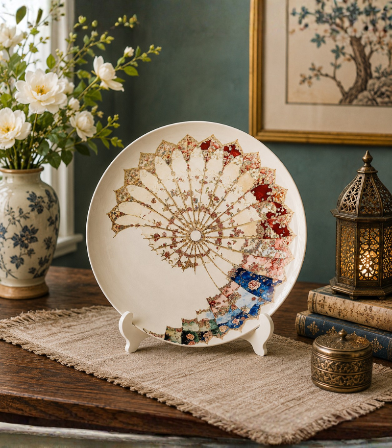 Vintage Fan Motif Decorative Plate – Floral Mosaic Ceramic Art